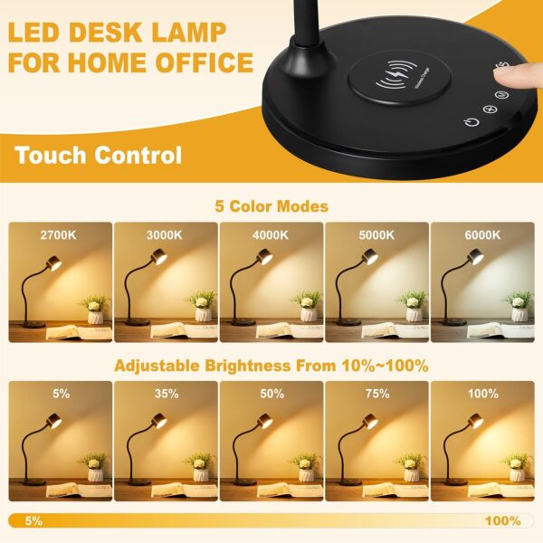 Desk Lamp, 5 Colours Touch Control Desk Lamp, USB Port  Desk Lamp, Desk Lamp with 30 Minutes Timer Eye Protection for Bedroom Dormitory Reading (with Adaptor - Image 2