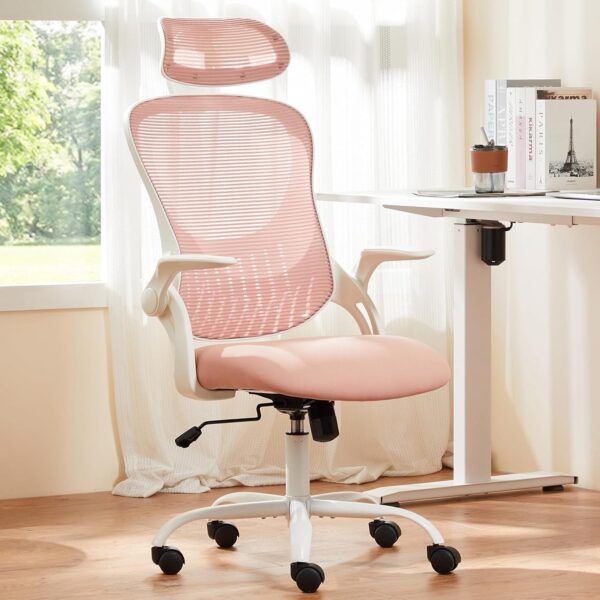 Home    Chair, Ergonomic High-Back Mesh Rolling Work Chairs with Wheels and Adjustable Headrests, Comfortable Lumbar Support, Comfy Flip-up Arms for Bedroom,Study, Pink