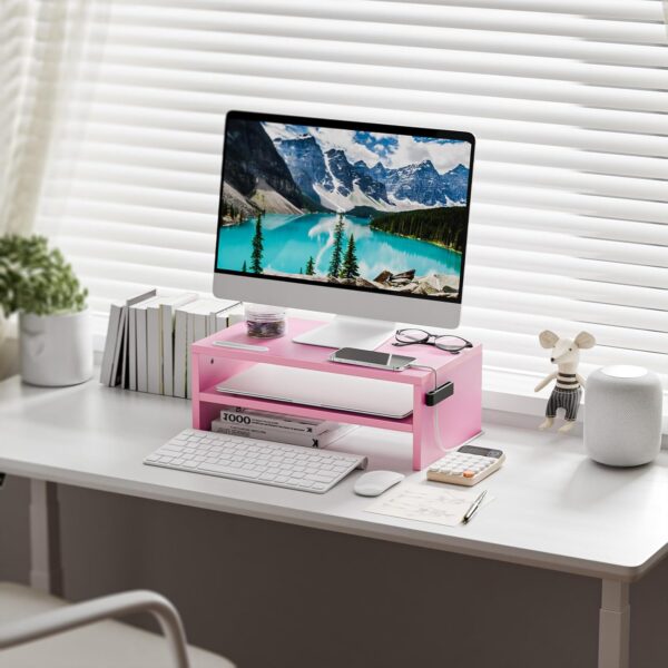 Monitor Stand Riser, 16.5 Inch 2 Tier  Printer Shelf Stand for Laptop  Screen Storage, Desktop Stand with Phone Holder and Cable Management (Pink) - Image 2