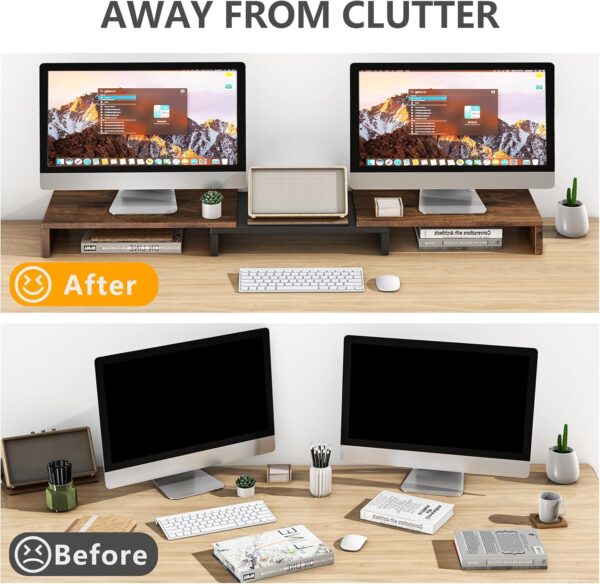 Dual Monitor Stand Riser,  Monitor Stands for 2 Monitors, Extra Long Multifunctional Desktop Organizer Riser for , Laptop, PC, Printer, TV, Max 43.3" Length, Rustic Brown - Image 2