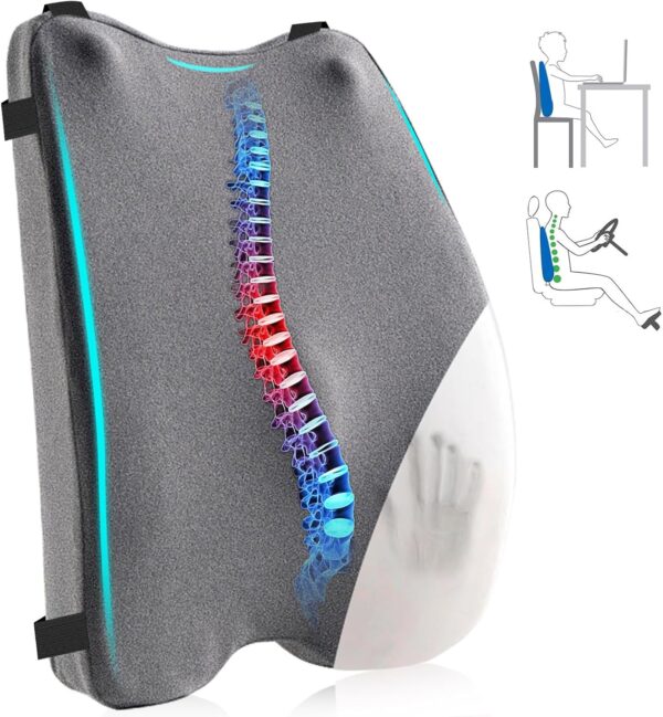 Lumbar Support Pillow for Office Chair – Premium Memory Foam Back Cushion, Back Support Pillow for Car Seats, Lower Back Pain Relief, Improves Posture, 3 Adjustable Straps