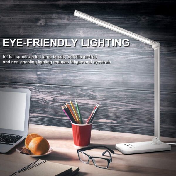 White crown  Desk Lamp Dimmable Table Lamp Reading Lamp with USB Charging Port, 5 Lighting Modes, Sensitive Control, 30/60 Minutes Timer (White, First-Generation) - Image 2