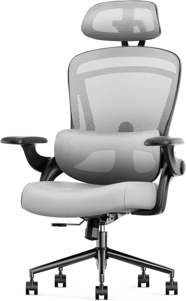 Ergonomic Mesh  Chair, High Back with 2D Headrest, Up&Down Lumbar Support, Swivel  Task  Chairs with Adjustable Flip-up Armrests,Grey