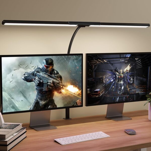 Double Head  desk lamp for Office Home,Desk Lamp with Fixture for Eye Protection，Clip on Light with Long Flexible Gooseneck,6 Color Modes, 9 Lighting Modes Dimmabl，Auto Setting，2 mode timer