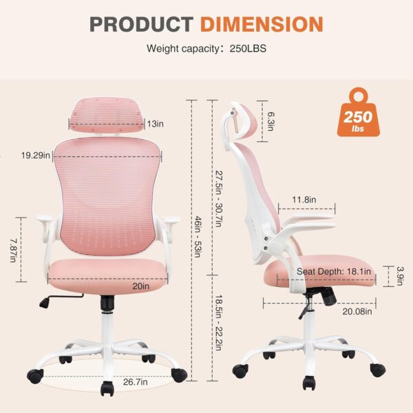 Home    Chair, Ergonomic High-Back Mesh Rolling Work Chairs with Wheels and Adjustable Headrests, Comfortable Lumbar Support, Comfy Flip-up Arms for Bedroom,Study, Pink - Image 2