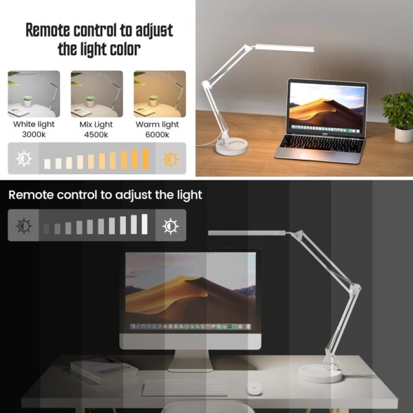 Desk Lamp with Clamp and Round Base,Eye Caring Table Lamp with Swing Arm,3 Color Modes 10 Brightness Levels,Memory Function,Desk Light for Home Office with USB Adapter White-14W - Image 2