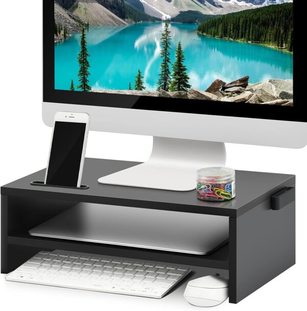 Monitor Stand Riser, 16.5 Inch 2 Tier  Printer Shelf Stand for Laptop  Screen Storage, Desktop Stand with Phone Holder and Cable Management Black