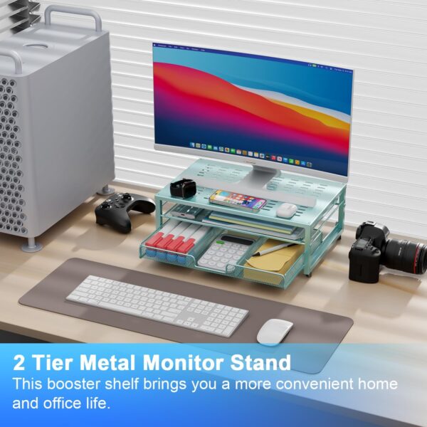 Monitor Stand Riser, office organizer with Drawer, Office Organizers Storage for Classroom Office Supplies (Blue) - Image 2