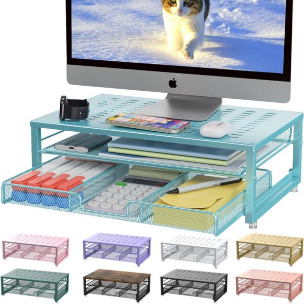 Monitor Stand Riser, office organizer with Drawer, Office Organizers Storage for Classroom Office Supplies (Blue)