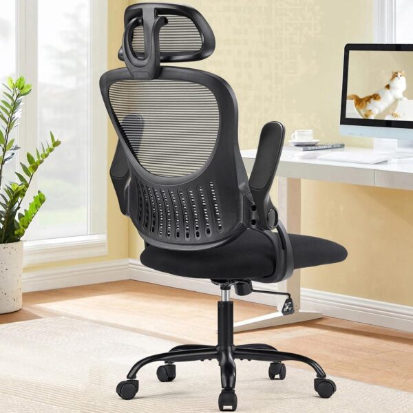 Office Comter Desk Chair, Ergonomic High-Back Mesh Rolling Work Chairs with Wheels and Adjustable Headrests, Comfortable Lumbar Support, Comfy Flip-up Arms for Home,Bedroom,Study, Black