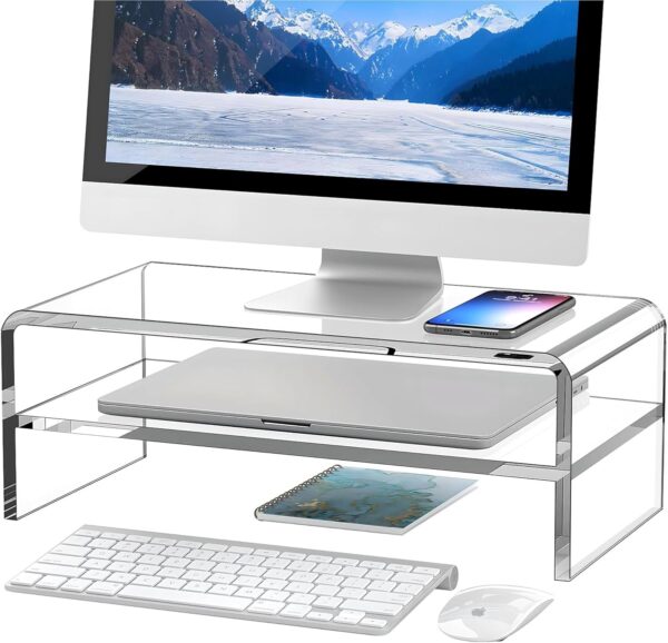 Clear Acrylic Monitor Stand Riser 2 Tier, 5.12 Inches High Clear  Desk Organizer Shelf for Multi Media PC Storage Laptop
