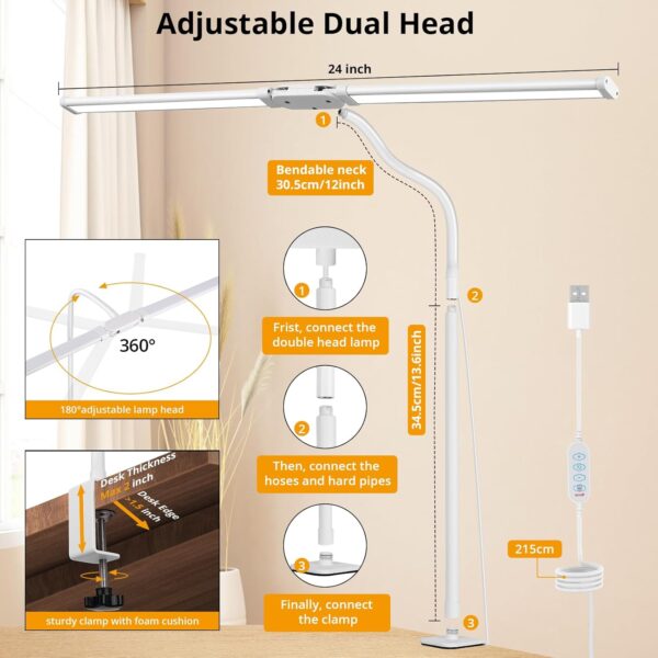 Desk Lamp with Clamp, with 5V 2A Adapter,  Desk Lamp with Dual Head, 50 Light Modes,  Monitor Flexible Gooseneck Lamp, Eye Protection Desk Lamps for Study, Office, Crafts, Draw(White) - Image 2
