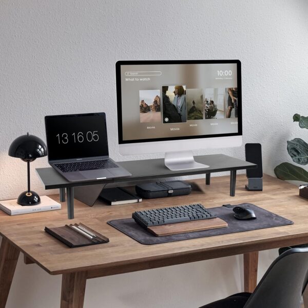 Dual-Monitor-Stand-Riser-For-Desk Adjustable Length 32-40 Inch，Large Desktop  Monitor Riser For 2 Screens，Desk Shelf Organizer Riser Stand For /Laptop//Printer/TV Black - Image 2