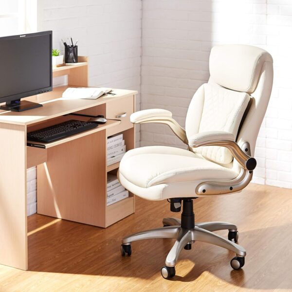Ergonomic Executive   Chair with Flip-up Armrests and Adjustable Height, Tilt and Lumbar Support, Cream Bonded Leather, 29.5"D x 28"W x 43"H (Previously  brand) - Image 2