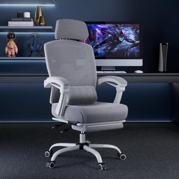 Home   Chair with Footrest, High-Back Mesh Rolling Swivel Reclining Chairs with Wheels, Comfortable Headrest, Lumbar Support, Comfy Arms for Home, , Gaming, Student, Grey - Image 2