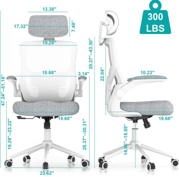 Ergonomic  Chair, High Back Mesh  Chair with Thick Molded Foam Cushion, Coat Hanger, Adjustable Headrest, Lumbar Support, Tilt & Lock Function -  Chair (Light Grey) - Image 2