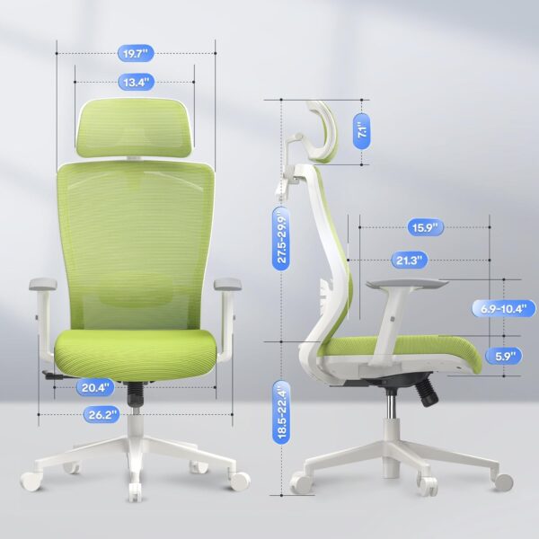 Ergonomic  Chair, High Back Mesh Swivel  Chair, Executive   Chair, with Lumbar Support/2D Headrest/Lockable Tilt Function, Comfy Foam Seat, White+Green - Image 2