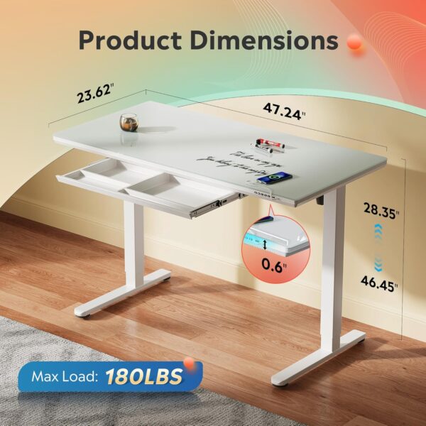 Standing Desk with Drawers, Whole-Piece Glass Adjustable Height Desk, 48 Inch Electric Stand Up Desk, Quick Install, White - Image 2