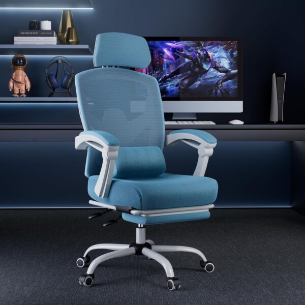 Home   Chair with Footrest, High-Back Mesh Rolling Swivel Reclining Chairs with Wheels, Comfortable Headrest, Lumbar Support, Comfy Arms for Home, , Gaming, Student, Blue - Image 2