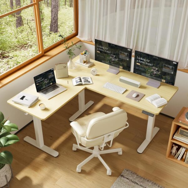 L Shaped Standing Desk, Electric Standing Desk L Shape Adjustable Height Dual Motor, 63 x 55 Inch Corner Standing Desk with Splice Board for Home Office, Large Standing Desk, Nature - Image 2
