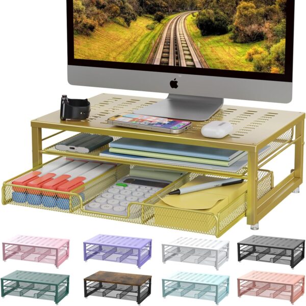 Monitor Stand Riser, office organizer with Drawer, Office Organizers Storage for Classroom Office Supplies (Gold)