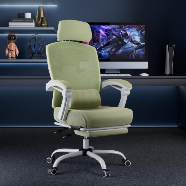Chair with Footrest Ergonomic Gaming Chair for Alts  Mesh, Lumbar Support,Swivel Reclining with Headrest, Comfy Armrest for Home, , Work, Study, Light Green - Image 2