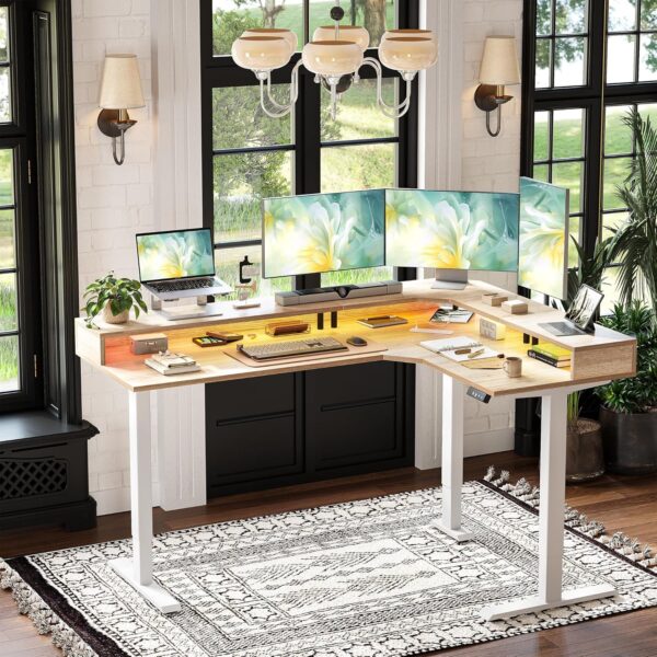 63'' L-Shaped Standing Desk with  Light Strip and Power Outlet, Height Adjustable Corner Table with Ergonomic Monitor Stand, Maple - Image 2